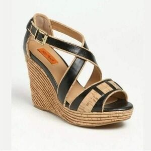 Miz Mooz‎ Kenya Cork Wrapped Wedge Cross Strap Platform Sandals Black Size 7.5